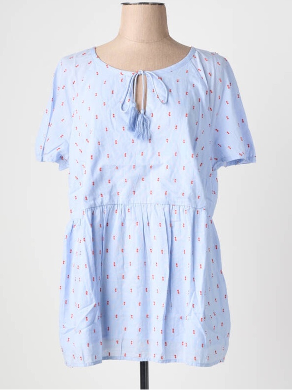 JUNAROSE BLUE SHORT SLEEVE V NECK TOP WITH TASSLE DETAIL